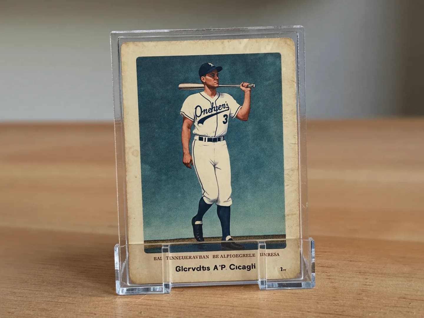 Fictional 1950s baseball card in a clear protective holder