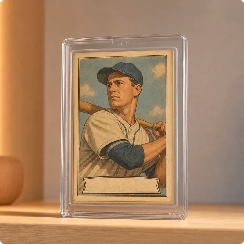 Fictional 1950s baseball card in a clear protective holder