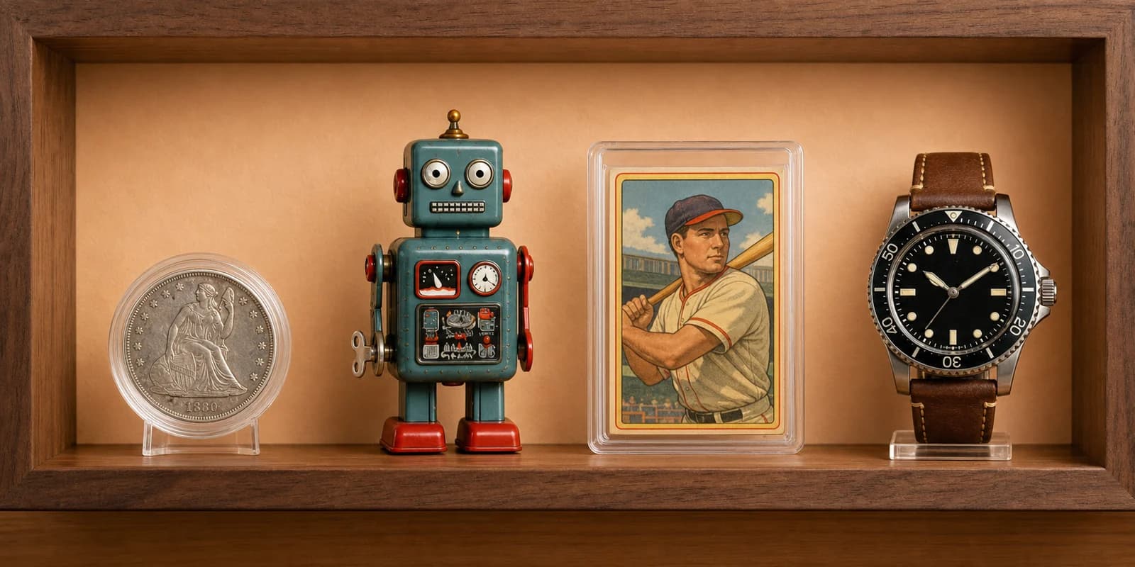 A silver coin, vintage tin robot, baseball card, and diver watch arranged on a wooden shelf