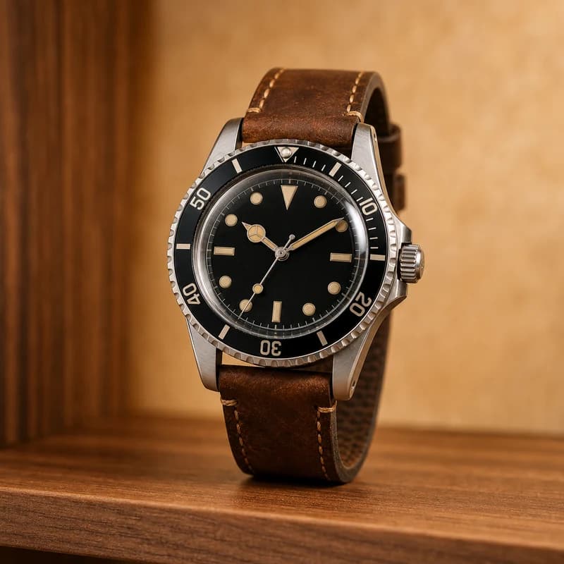 Vintage black-dial diver watch with a brown leather strap